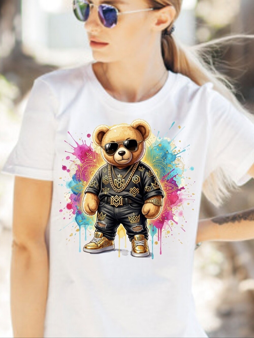 Boutique Urban Teddy Bear Tee With Hand-Placed Crystals